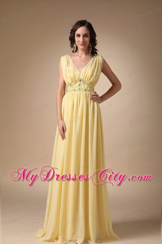 Yellow Chiffon Beaded Cool Back Prom Dress for Women