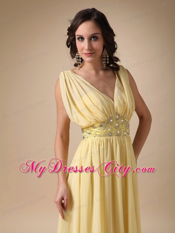 Yellow Chiffon Beaded Cool Back Prom Dress for Women