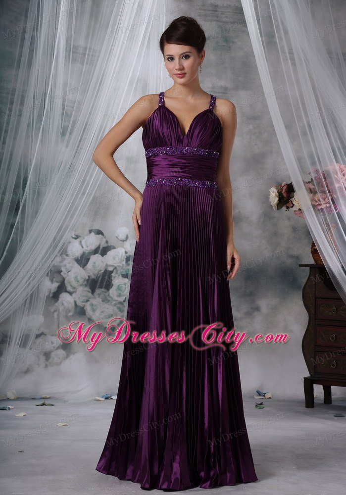 Straps Purple Column Taffeta Pleats Beading Prom Dress