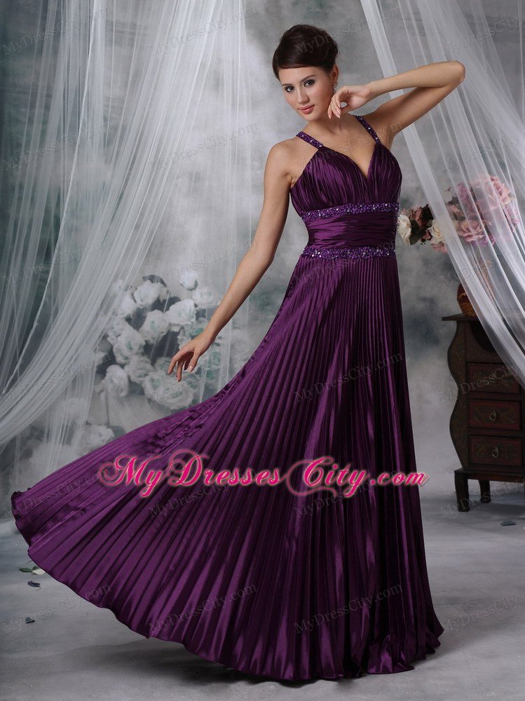Straps Purple Column Taffeta Pleats Beading Prom Dress