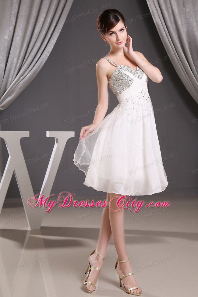 Straps White Short Prom Dress with Beaded Decorate