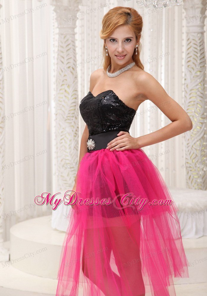 Black Paillette Mini-length for Hot Pink High-low Prom Celebrity Dress
