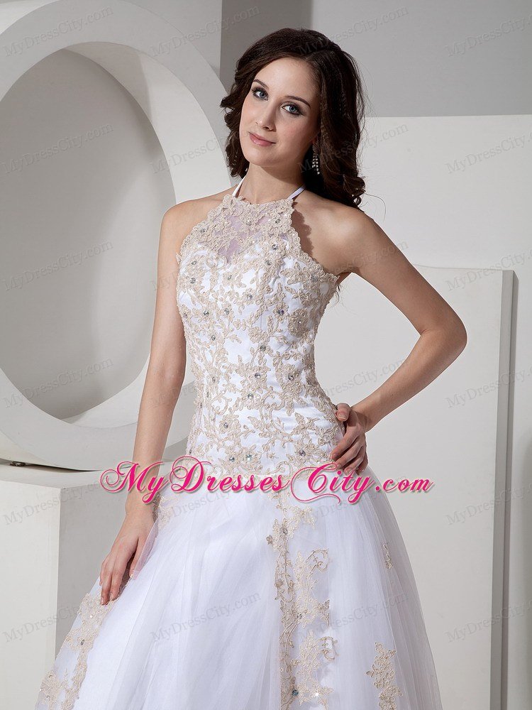 White Appliques and Beading Prom Dresses with Sheer Neckline
