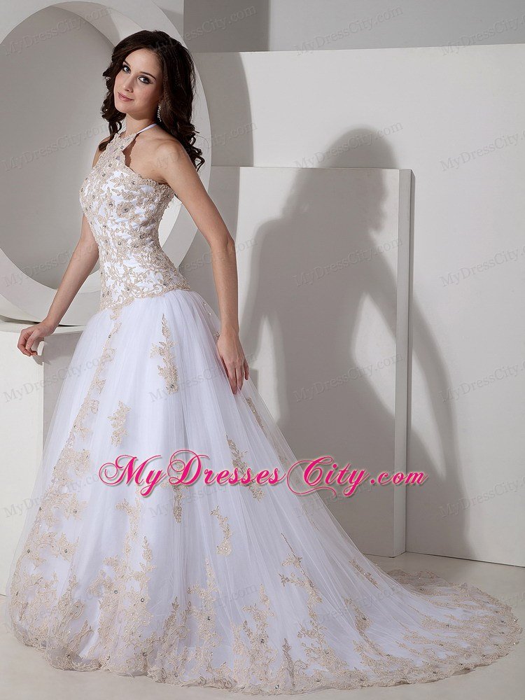 White Appliques and Beading Prom Dresses with Sheer Neckline