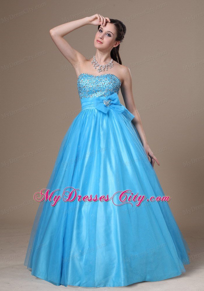 Beaded Strapless A-line Aqua Blue Prom Gowns with Brooch Bowknot