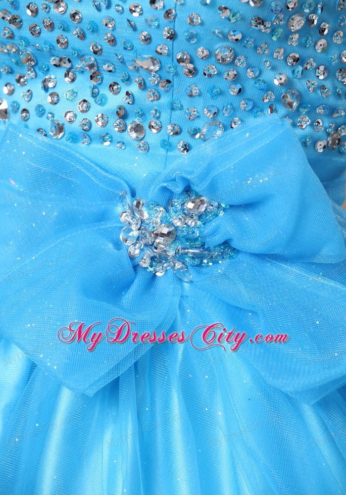 Beaded Strapless A-line Aqua Blue Prom Gowns with Brooch Bowknot