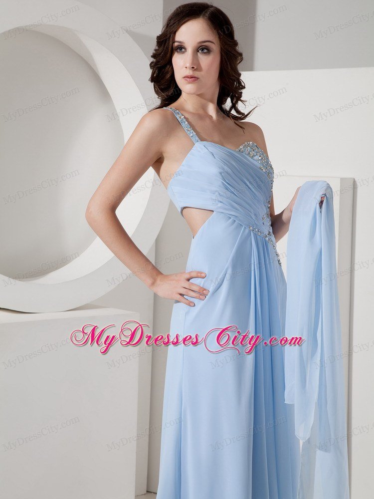High Slit Beaded One Shoulder Ruching Prom Dress with Side Cut Out