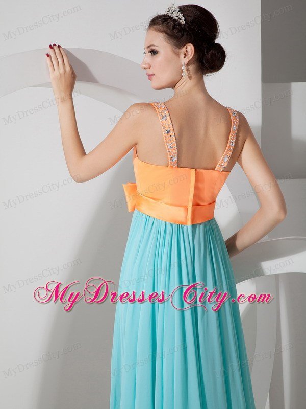 V-neck Beaded Empire Chiffon Prom Dresses in Orange and Apple Green