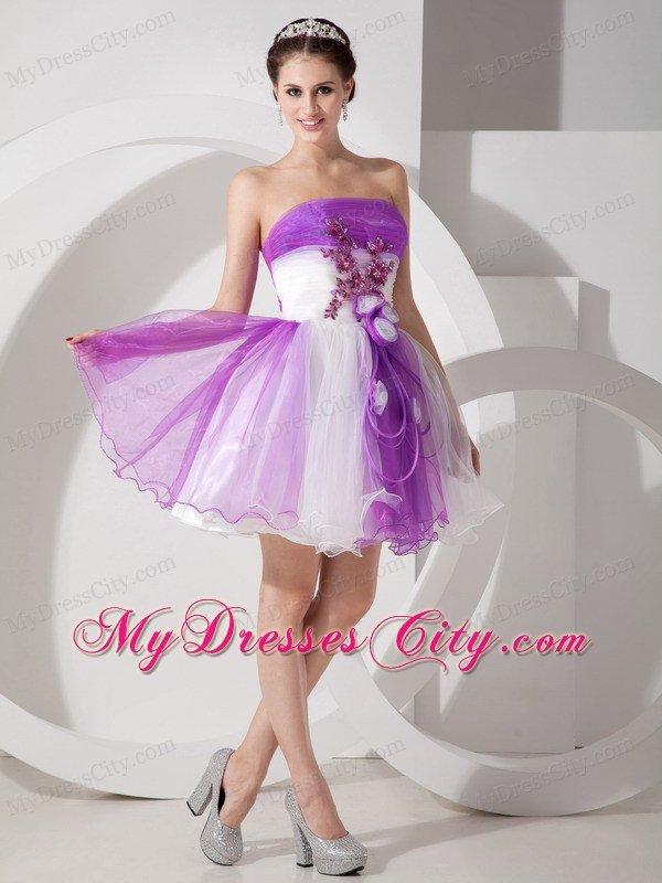 Flowers Appliqued Strapless Organza Lavender and White Prom Dresses