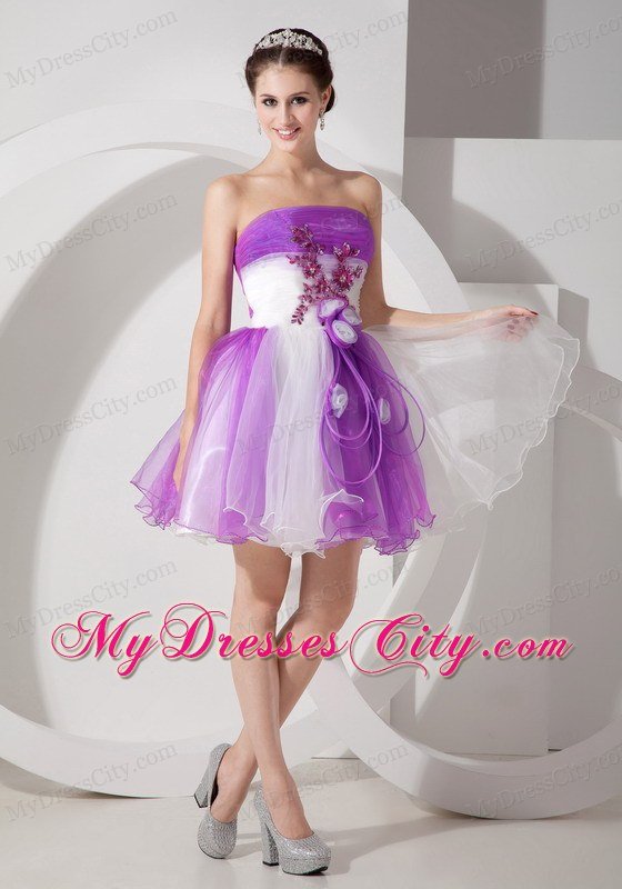 Flowers Appliqued Strapless Organza Lavender and White Prom Dresses