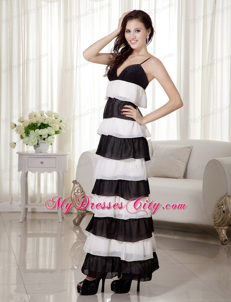 Empire Spaghetti Straps Ankle-length White and Black Prom Dresses