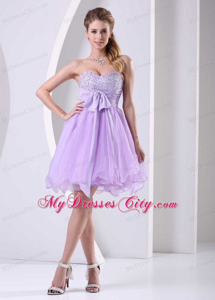 Beaded Sweetheart Lilac Organza Short Prom Dresses with Chiffon Sash