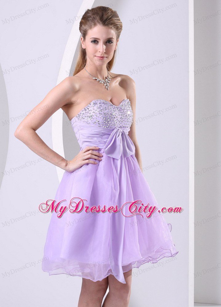 Beaded Sweetheart Lilac Organza Short Prom Dresses with Chiffon Sash