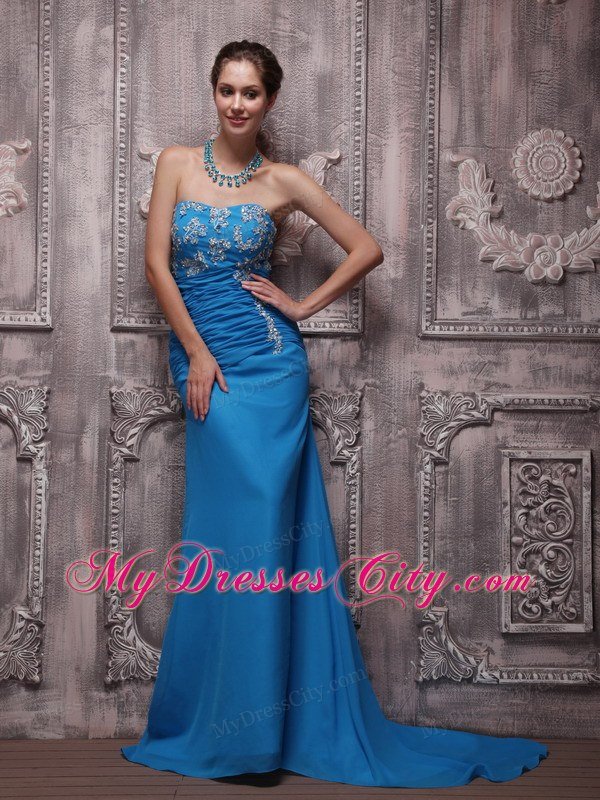 Appliques Ruching Court Train Chiffon Blue Prom Dresses for Ladies
