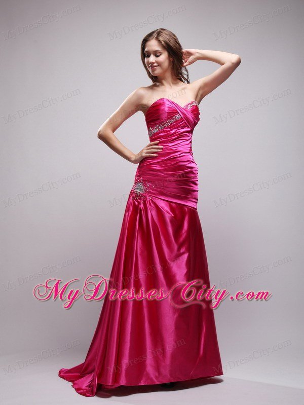Brush Train Sweetheart Ruching Beaded Hot Pink Prom Dresses