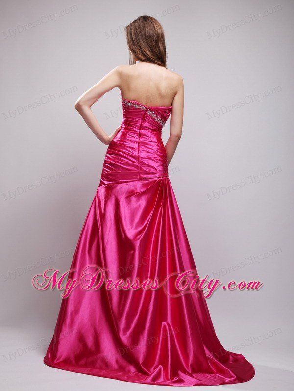 Brush Train Sweetheart Ruching Beaded Hot Pink Prom Dresses