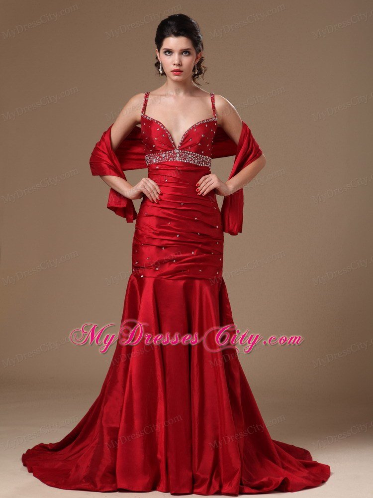 Mermaid Spaghetti Straps Beaded Wine Red Prom Dresses