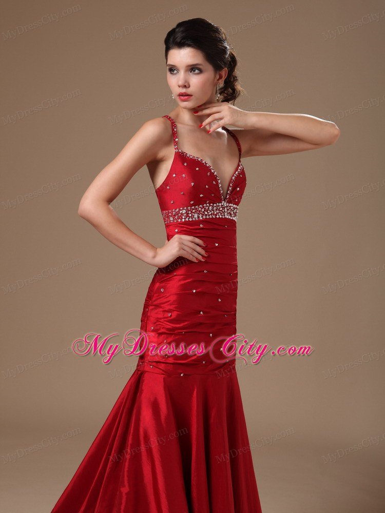 Mermaid Spaghetti Straps Beaded Wine Red Prom Dresses