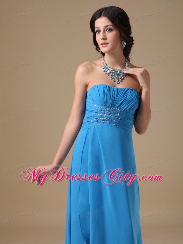 Teal Strapless High Slit Chiffon Beading 2013 Prom Party Dress