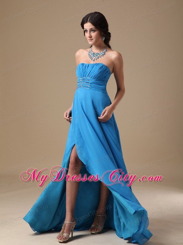 Teal Strapless High Slit Chiffon Beading 2013 Prom Party Dress