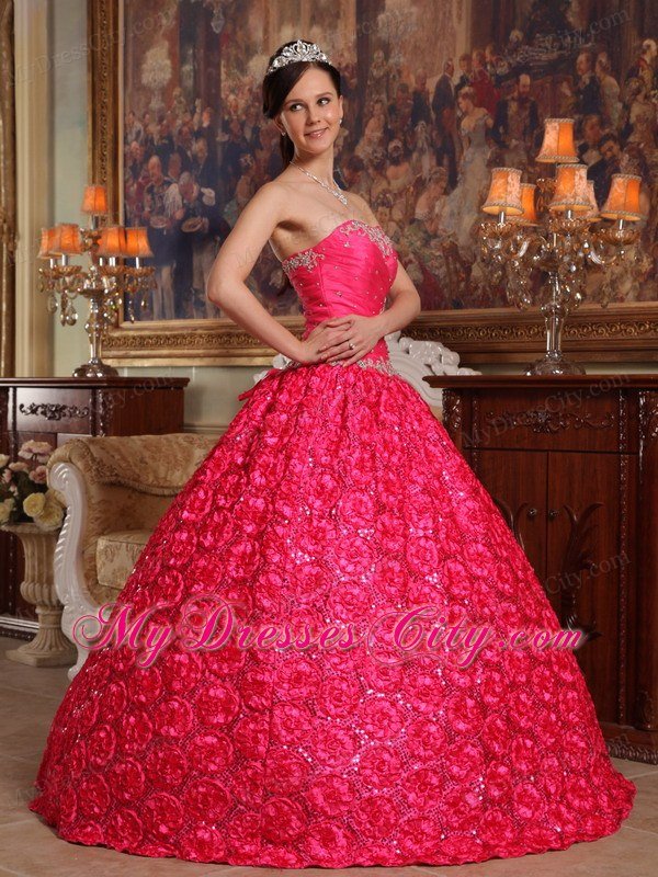Red Strapless Fabric With Roling Flowers Dress for Sweet 16