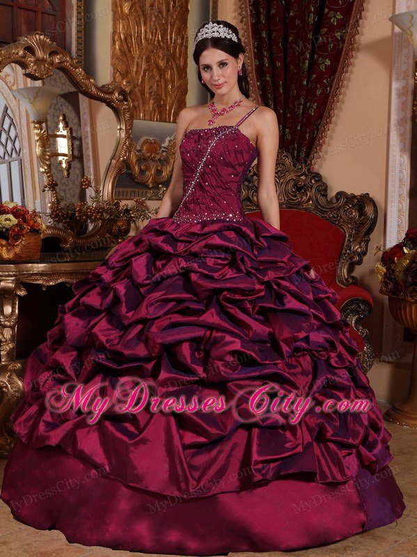 One Shoulder Burgundy Colored Taffeta Pick-ups Quinceanera Dress
