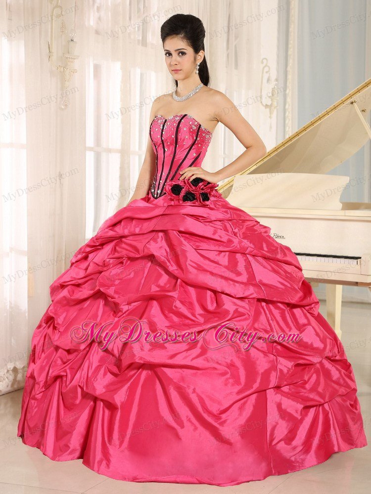 Cute Hot Pink Beaded Quinceanera Dress with Pick-ups