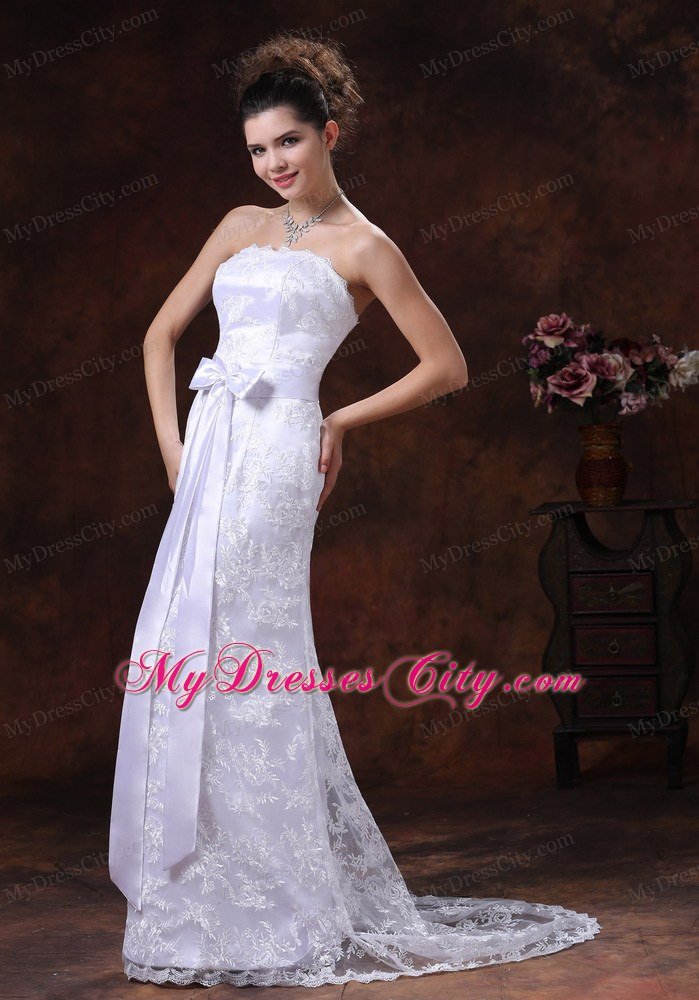 Slinky Lace Over Skirt Strapless Column Wedding Dress with Sash