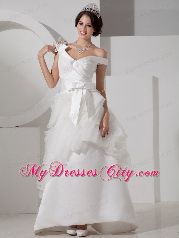 Unique A-line Off Shoulder Floor-length Wedding Dress with Sash
