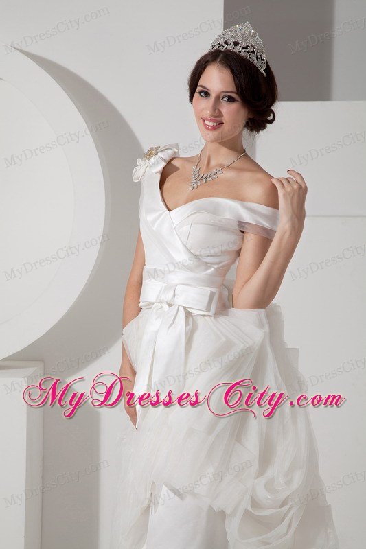 Unique A-line Off Shoulder Floor-length Wedding Dress with Sash