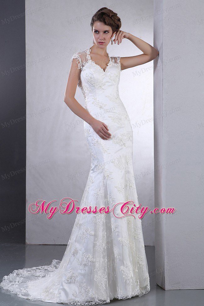 V-neck Lace Brush Train Column Bridal dress with Clasp Handle
