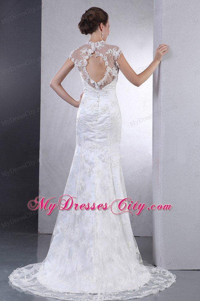 V-neck Lace Brush Train Column Bridal dress with Clasp Handle