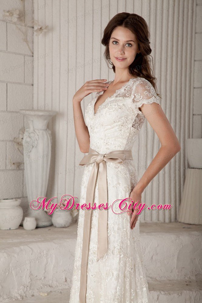 Sheath V-neck Lace Wedding Dress with Sash and Short Sleeves