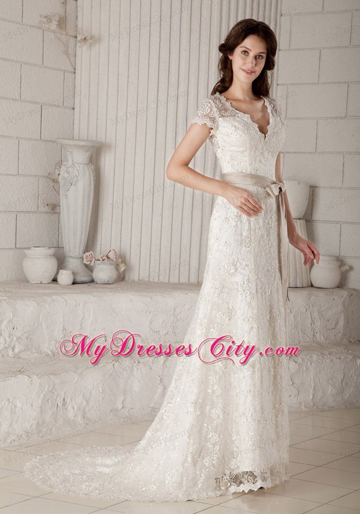 Sheath V-neck Lace Wedding Dress with Sash and Short Sleeves
