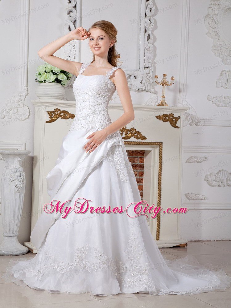 Gorgeous Straps Court Train wedding Gown with Appliques Bodice