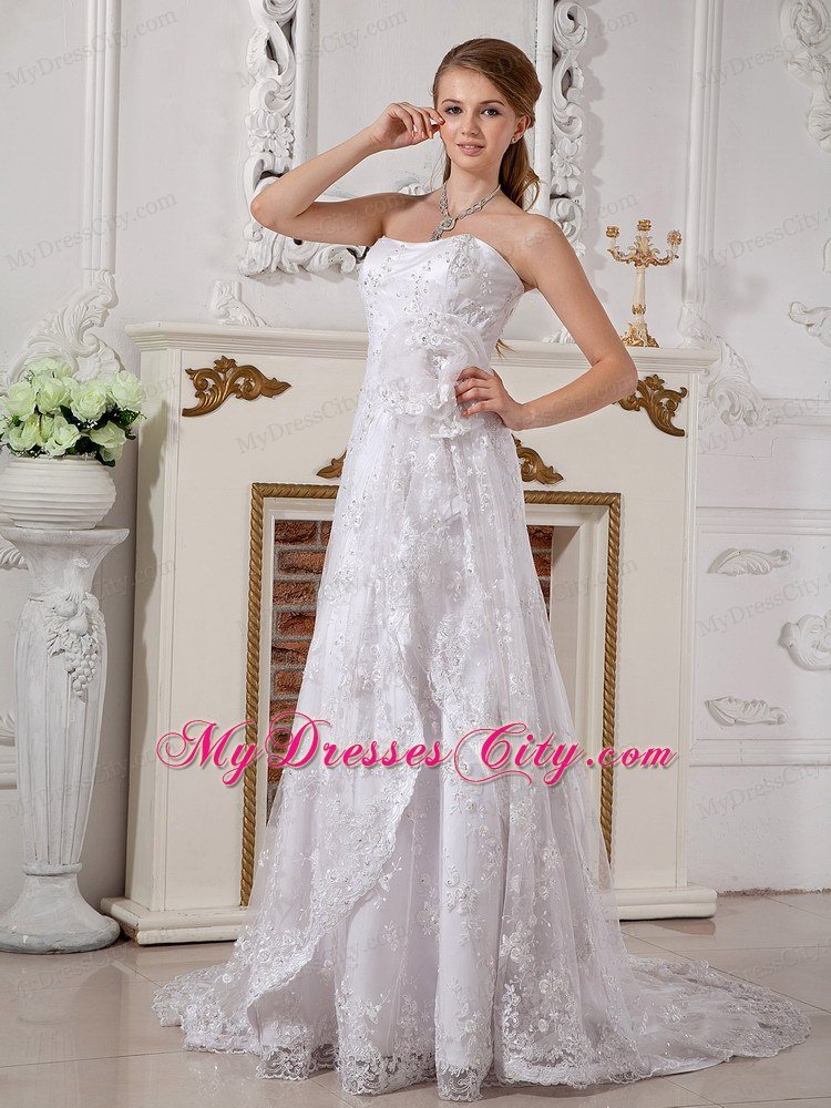 Romantic Empire Strapless Lace Hand Made Flowers Wedding Dress