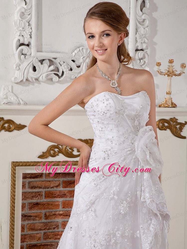 Romantic Empire Strapless Lace Hand Made Flowers Wedding Dress