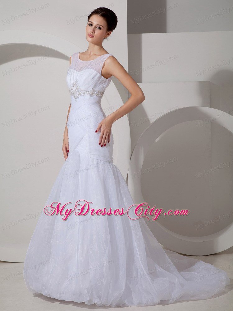 Mermaid Scoop Court Train Appliques and Ruches Wedding Dress