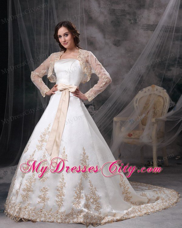 Strapless Embroidery Sash Champagne Church Wedding Dress with Jacket