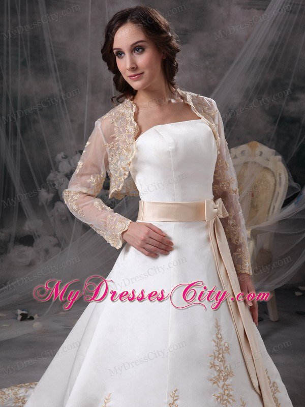 Strapless Embroidery Sash Champagne Church Wedding Dress with Jacket