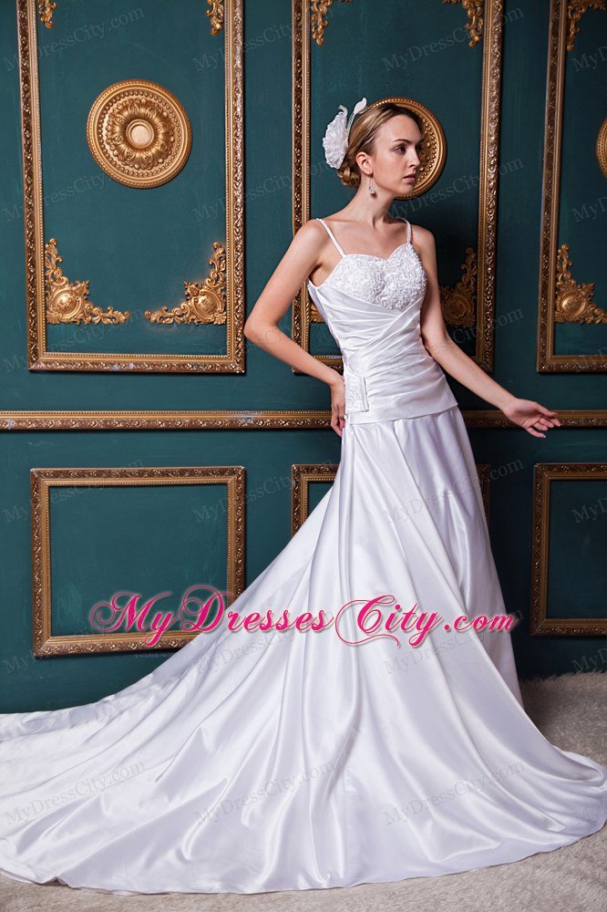 Modest A-line Straps Beading Church Wedding Dress with Chapel Train
