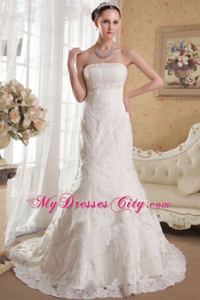 Mermaid Strapless Chapel Train Lace Beading Wedding Bridal Gown