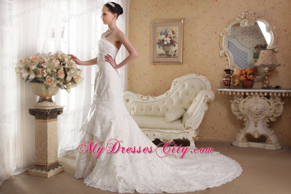 Mermaid Strapless Chapel Train Lace Beading Wedding Bridal Gown