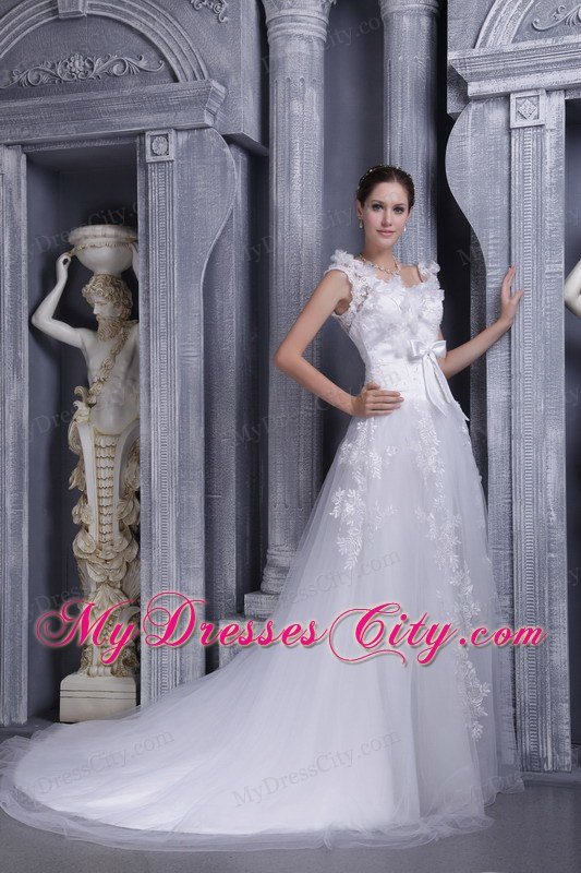 A-line Square Court Train Lace Bow Wedding Dress with Zipper Up