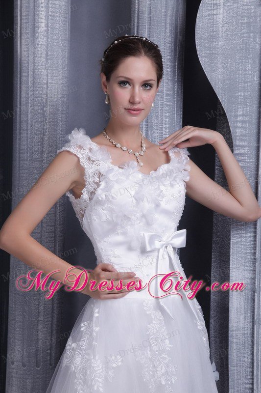 A-line Square Court Train Lace Bow Wedding Dress with Zipper Up