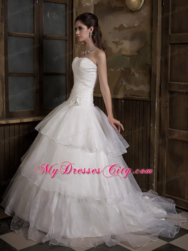Hand Made Flower Organza Strapless Sweep Train Bridal Gown
