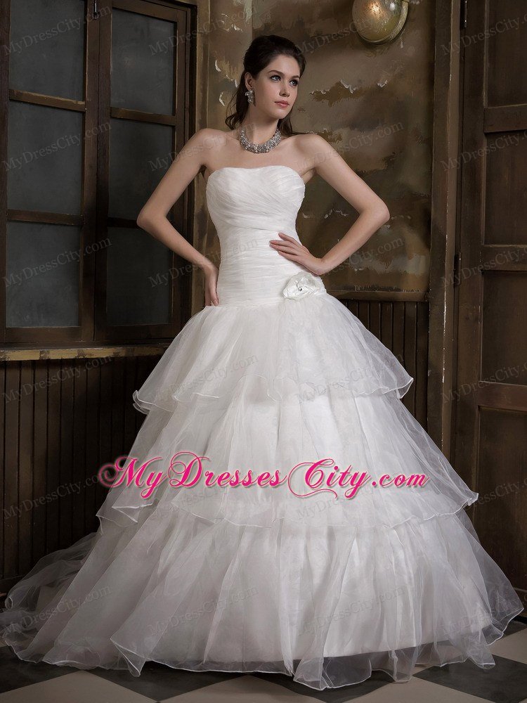 Hand Made Flower Organza Strapless Sweep Train Bridal Gown