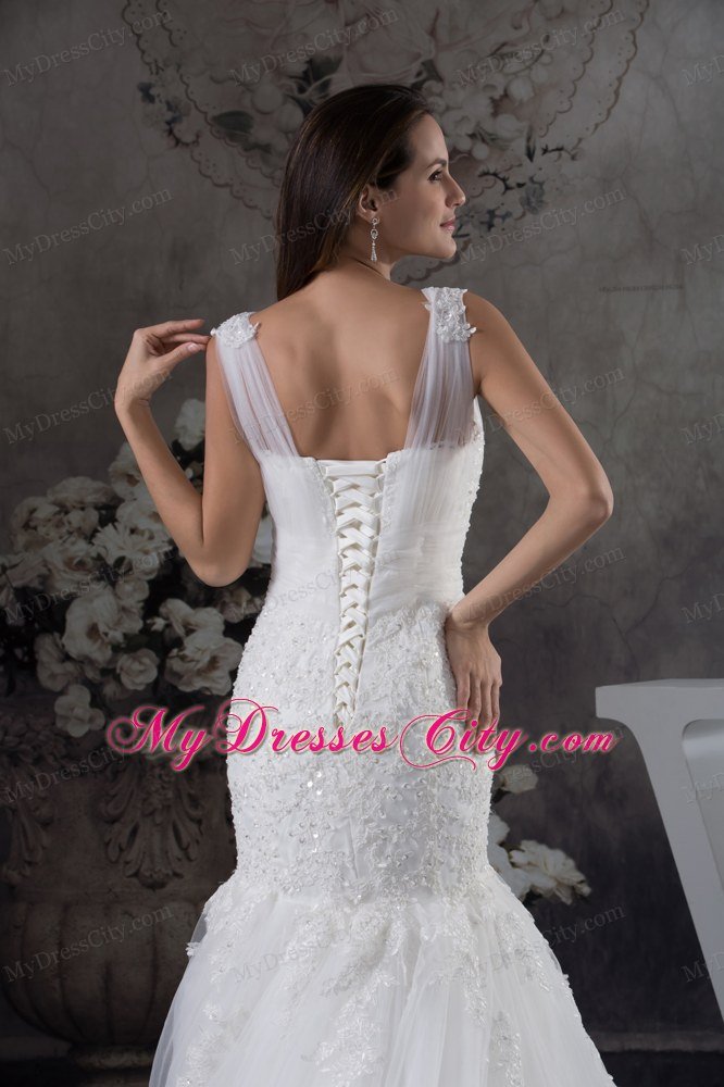 V-neck Mermaid Lace Brush Train Wedding Dress in Tulle Fabric