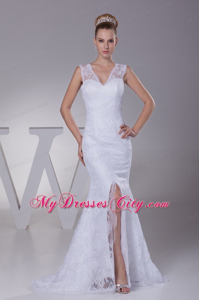 V-neck Mermaid Lace Brush Train Wedding Dress with High Slit