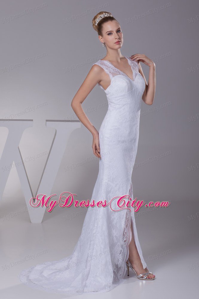 V-neck Mermaid Lace Brush Train Wedding Dress with High Slit